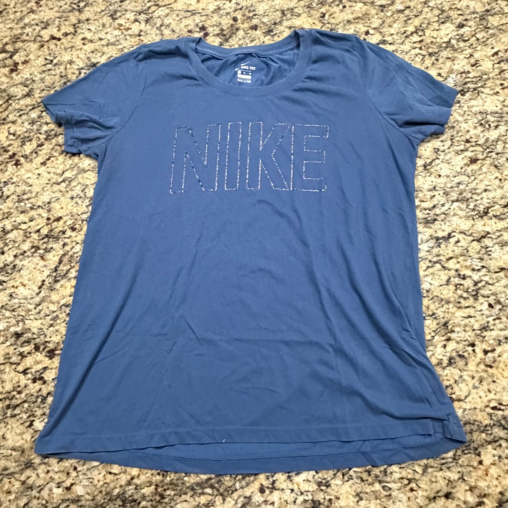Nike Womens Graphic Tee Blue Glitter Outline Logo Short Sleeve T-Shirt Size XL